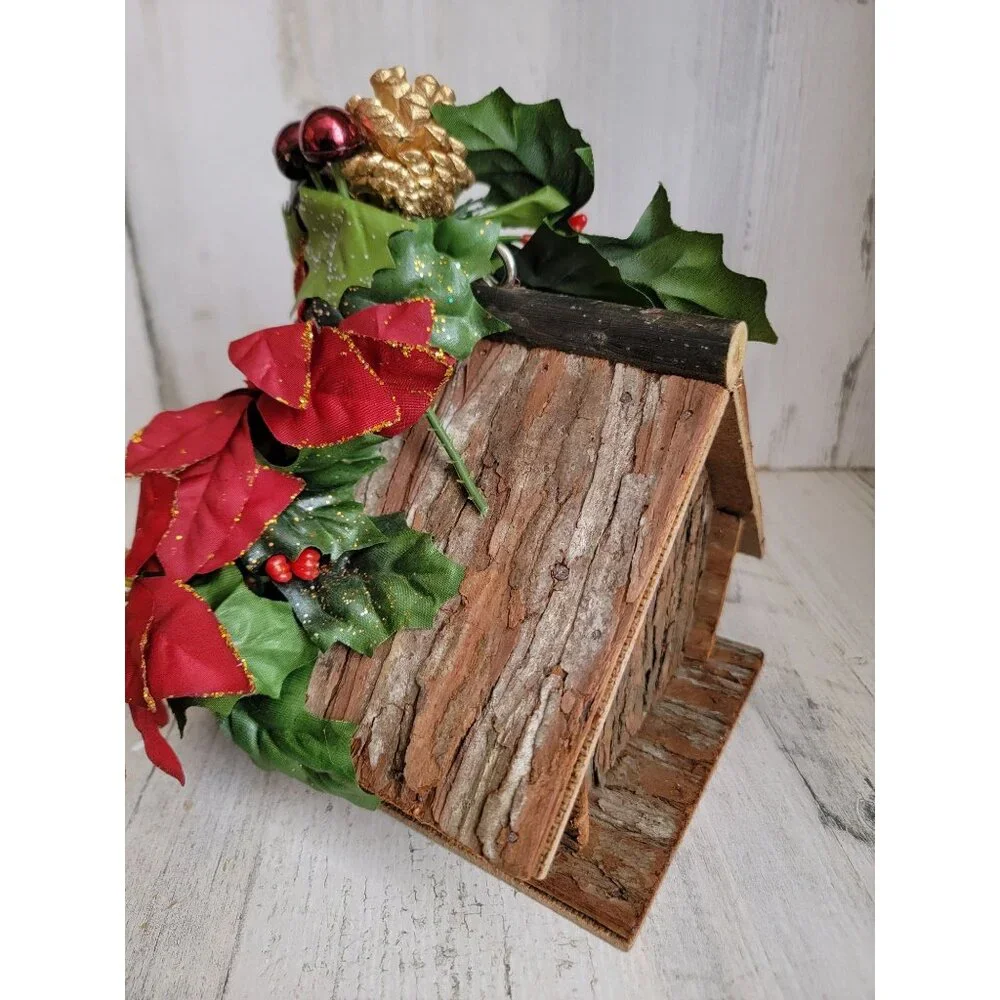 Wooden Birdhouse ponsieta bow holiday xmas decor home‎